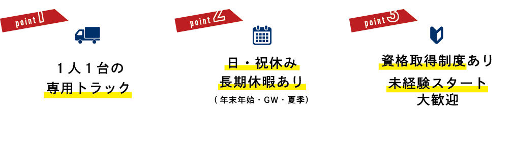 １人１台の専用トラック・日祝休み・長期休暇あり・資格取得制度あり・未経験スタート大歓迎